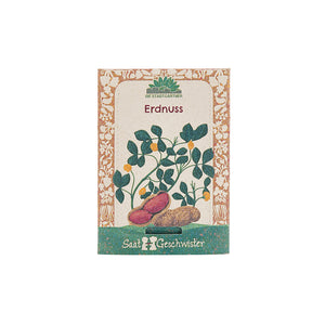 Samenpackung für Erdnüsse mit Illustration der Erdnusspflanze und Erdnüssen auf der Vorderseite.