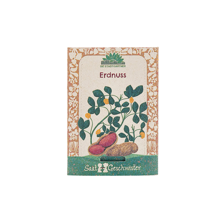 Samenpackung für Erdnüsse mit Illustration der Erdnusspflanze und Erdnüssen auf der Vorderseite.