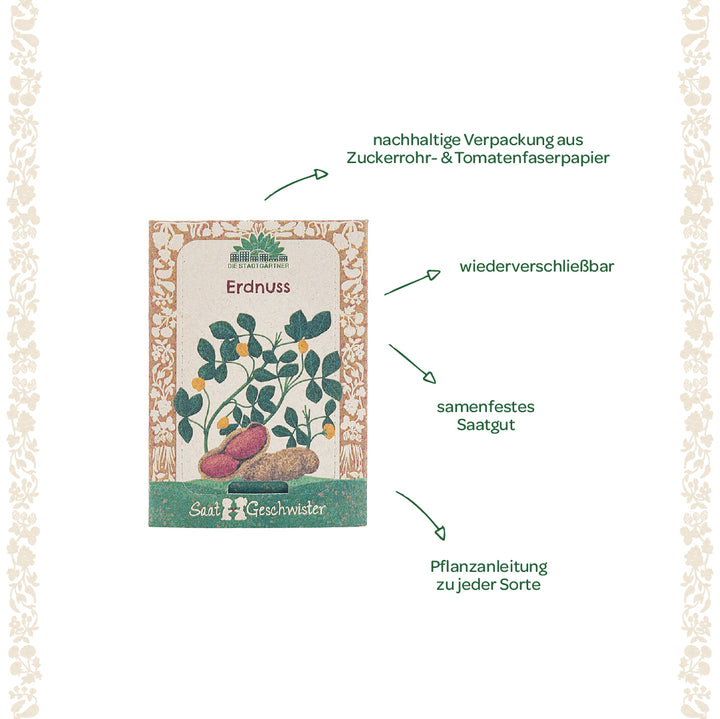 Saatgutverpackung für Erdnüsse mit nachhaltiger Verpackung aus Zuckerrohr- und Tomatenfaserpapier; Hinweise auf wiederverschließbare Verpackung, samenfestes Saatgut und Pflanzanleitung.