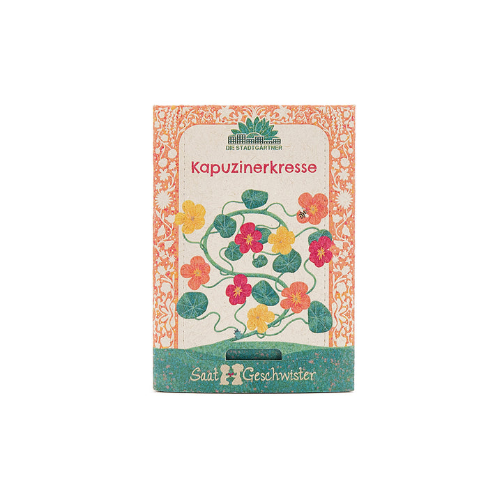 Samenverpackung für Kapuzinerkresse mit bunter Illustration der Pflanze und Blumen auf der Vorderseite.