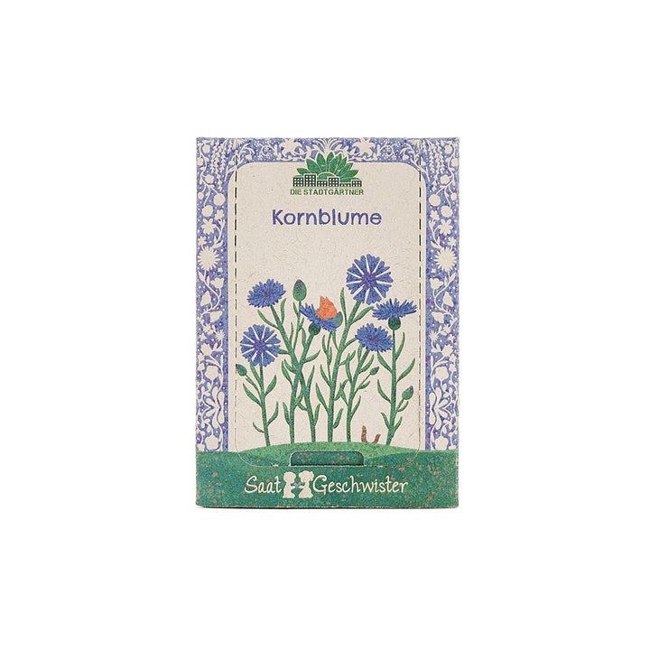 Samenpackung für Kornblumen mit einer Illustration von blauen Blumen auf dem Umschlag.