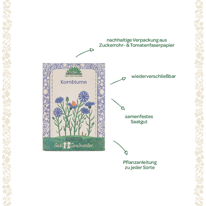 Saatguttüte für Kornblumen mit illustriertem Blumendesign, nachhaltiger Verpackung aus Zuckerrohr- und Tomatenfaserpapier, wiederverschließbar, samenfestes Saatgut und Pflanzanleitung.