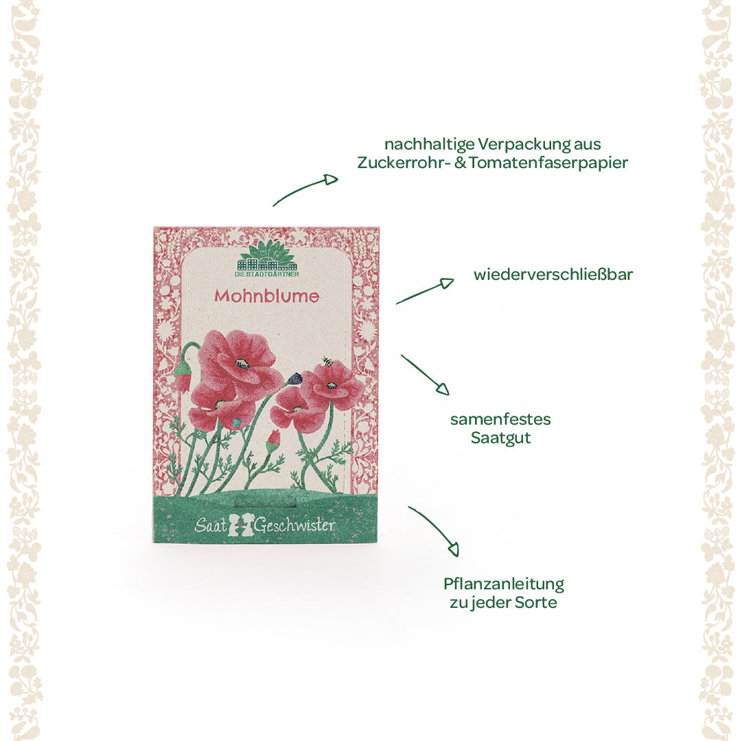 Saatgut-Tütchen für Mohnblumen mit illustrierten roten Mohnblumen, nachhaltige Verpackung, wiederverschließbar, samenfestes Saatgut und Pflanzanleitung, umgeben von floraler Umrandung.