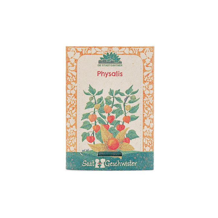 Saatgut-Tüte für Physalis mit bunter Illustration der Pflanze und orangem Blumenrand.