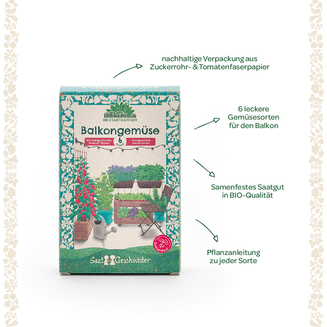 Verpackung für Balkongemüse-Saatgut mit sechs Gemüsesorten, nachhaltige Verpackung und BIO-Qualität, inklusive Pflanzanleitung für den Balkon.