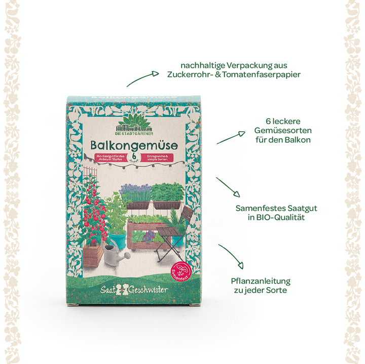 Verpackung für Balkongemüse-Saatgut mit sechs Gemüsesorten, nachhaltige Verpackung und BIO-Qualität, inklusive Pflanzanleitung für den Balkon.