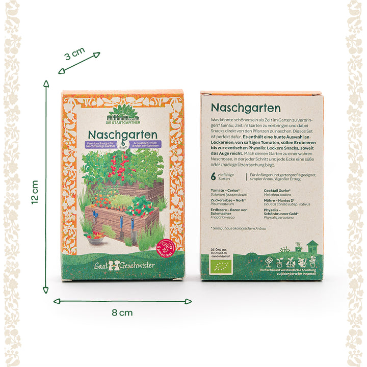 Zwei rechteckige Saatgut-Boxen mit der Aufschrift „Naschgarten“ und buntem Gemüse-Illustrationen auf der Vorderseite; Maße der Box sind 12 cm hoch, 8 cm breit, 3 cm tief.