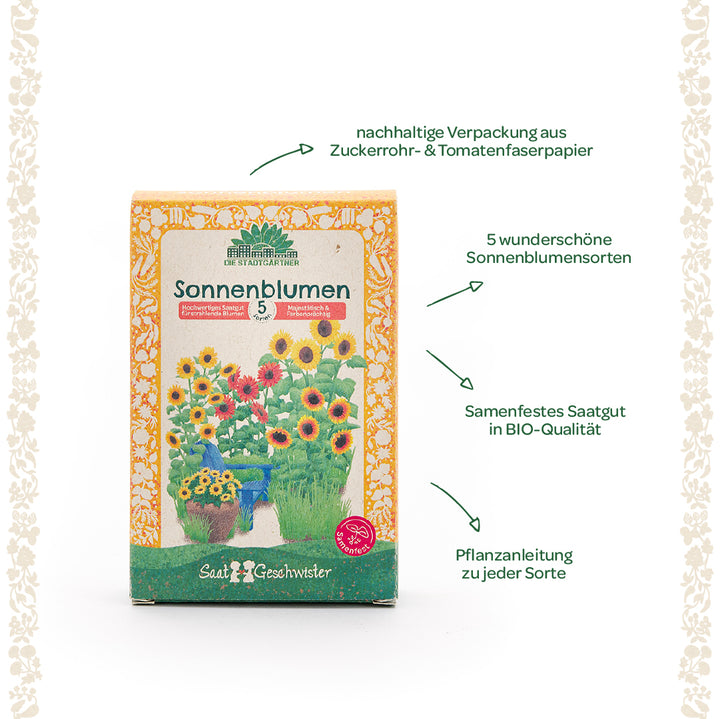 Verpackung mit Sonnenblumensaatgut von "Die Stadtgärtner", zeigt fünf Sorten Sonnenblumen, nachhaltige Verpackung aus Zuckerrohr- und Tomatenfaserpapier, samenfestes Bio-Saatgut und Pflanzanleitung.