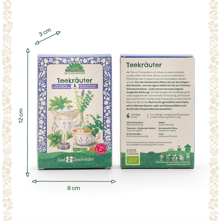 Zwei Packungen Teekräuter-Saatgut mit detaillierter Beschreibung und Kräuterillustrationen, Maße 12 cm x 8 cm x 3 cm, auf weißem Hintergrund.
