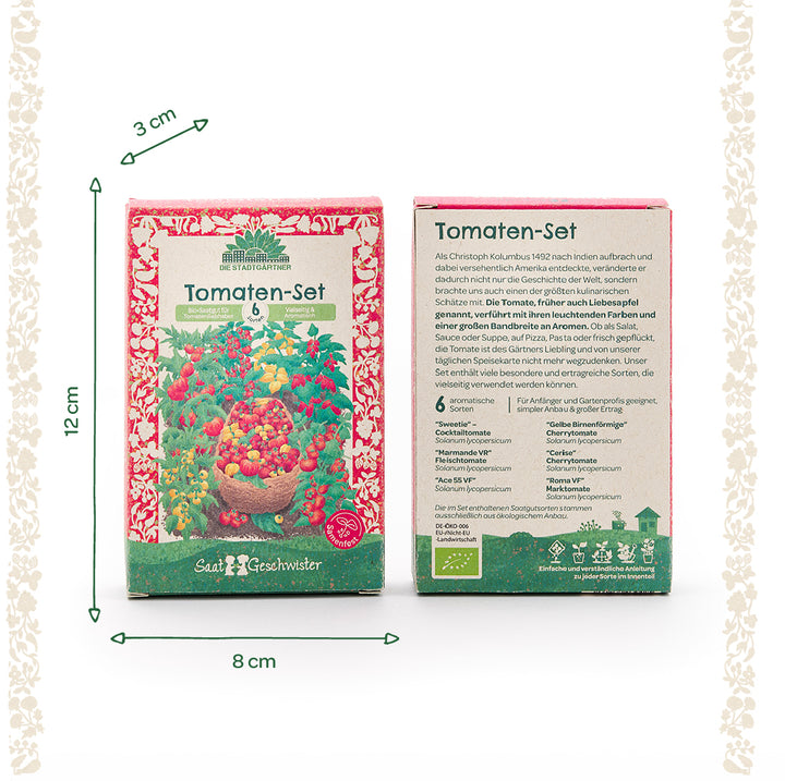 Zwei Tomaten-Set-Verpackungen aus Pappe mit buntem, floralem Design und detaillierten Beschreibungen sowie Maßeinheiten (12 cm x 8 cm x 3 cm) auf weißem Hintergrund.