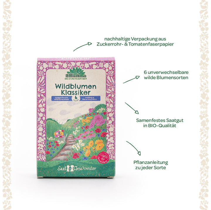 Packung "Wildblumen Klassiker" mit buntem Blumenmotiv, nachhaltige Verpackung aus Zuckerrohr- und Tomatenfaserpapier, BIO-Saatgut, 6 wilde Blumensorten, Anleitung inklusive.