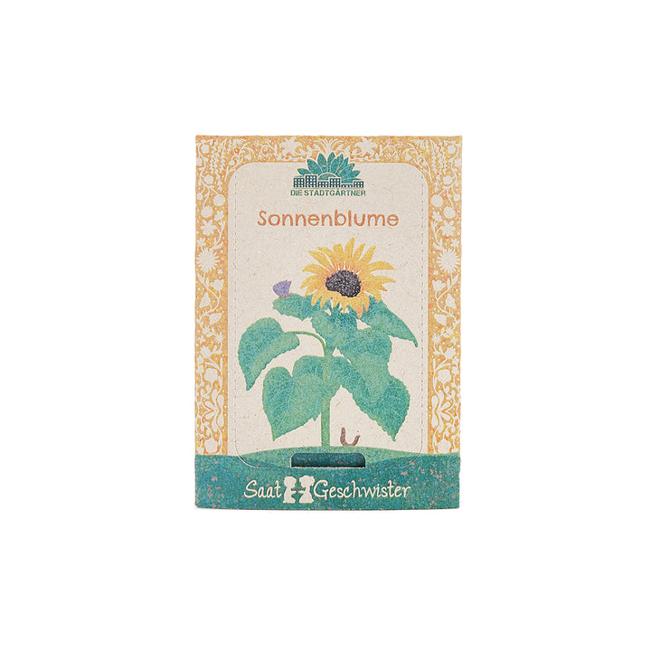 Samenpäckchen für Sonnenblumen mit einer Illustration einer Sonnenblume auf der Vorderseite.