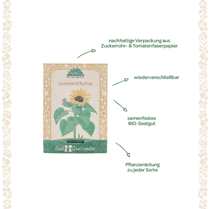 Samenpäckchen für Sonnenblumen aus nachhaltigem Zuckerrohr- und Tomatenfaserpapier, wiederver-schließbar, mit samenfestem Bio-Saatgut und Pflanzanleitung.