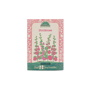 Samenpäckchen für Stockrose mit farbenfroher Illustration der Pflanze und dekorativem Muster.