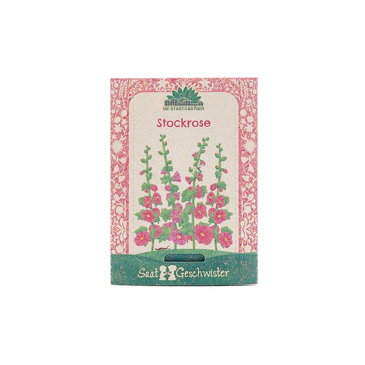 Samenpäckchen für Stockrose mit farbenfroher Illustration der Pflanze und dekorativem Muster.