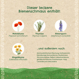 Alt="Grafik mit verschiedenen bienenfreundlichen Pflanzen: Mohnblume (Papaver somniferum), Thymian (Thymus vulgaris), Rittersporn (Delphinium consolida) und Ringelblume (Calendula officinalis). Dazu eine Liste weiterer enthaltenen Pflanzenarten."
