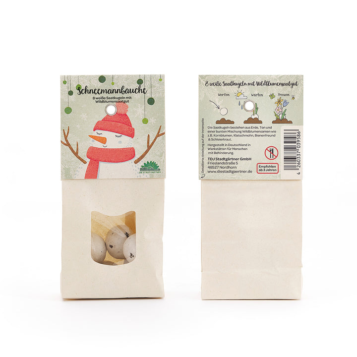 Zwei Papiertüten mit dem Etikett "Schneemannbäuche", vorne mit Schneemannzeichnung und Sichtfenster mit weißen Kugeln, hinten mit Pflanzanleitung und Produktinformationen auf Deutsch.