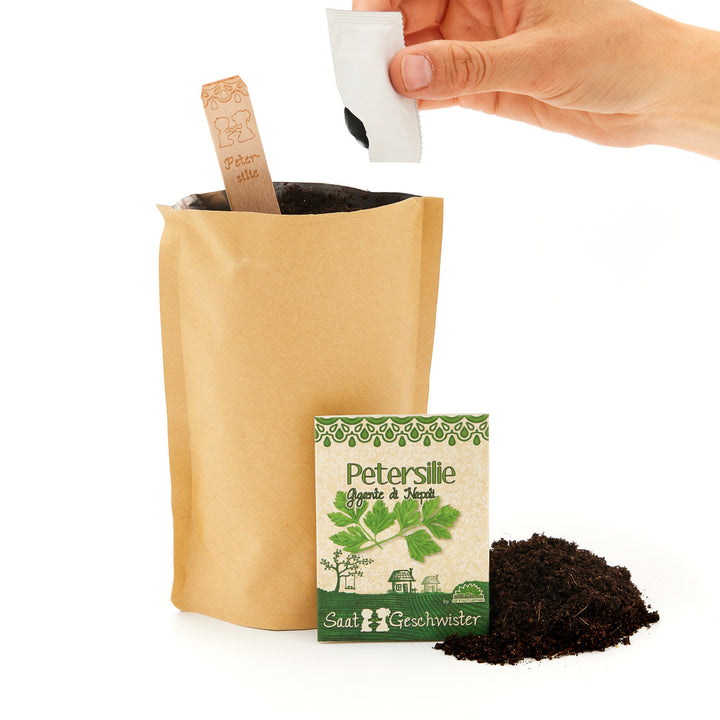 Hand hält ein Tütchen mit Samen über einem braunen Pflanztopf mit Erde, daneben eine Packung Petersiliensamen und etwas Erde auf weißem Hintergrund.