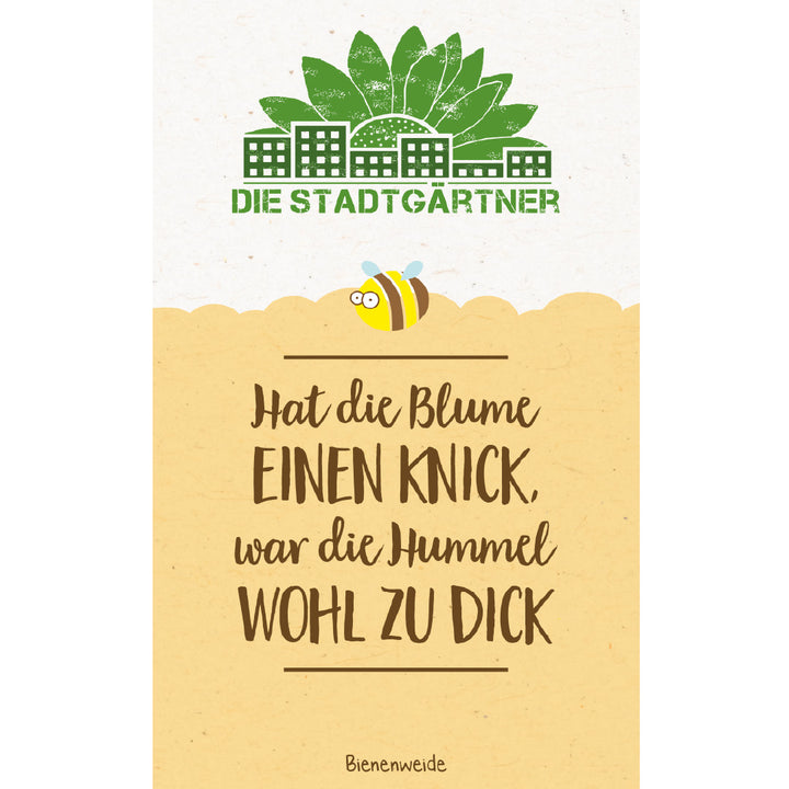 Illustration mit grünem Stadtgarten-Logo, einer gezeichneten Biene und dem Spruch „Hat die Blume einen Knick, war die Hummel wohl zu dick“ auf gelbem Hintergrund.