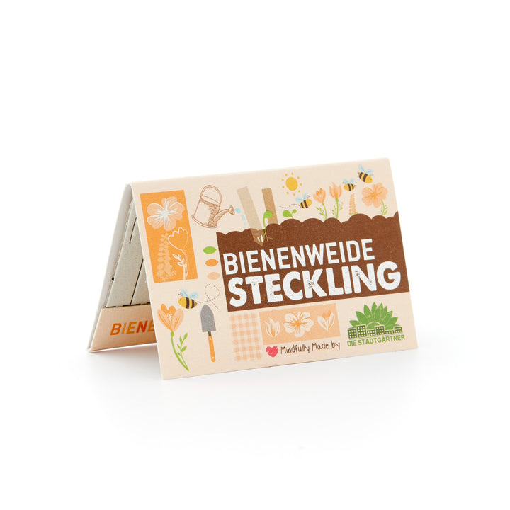 Verpackung für Bienenweide Steckling mit Gartenillustrationen und Logo "Die Stadtgärtner".