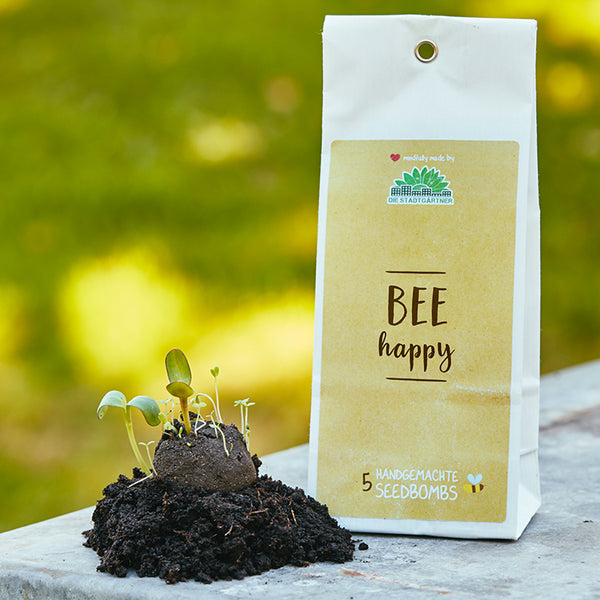 Verpackung mit Aufschrift 'BEE happy' und fünf handgemachte Seedbombs neben einer Keimlingserde"
