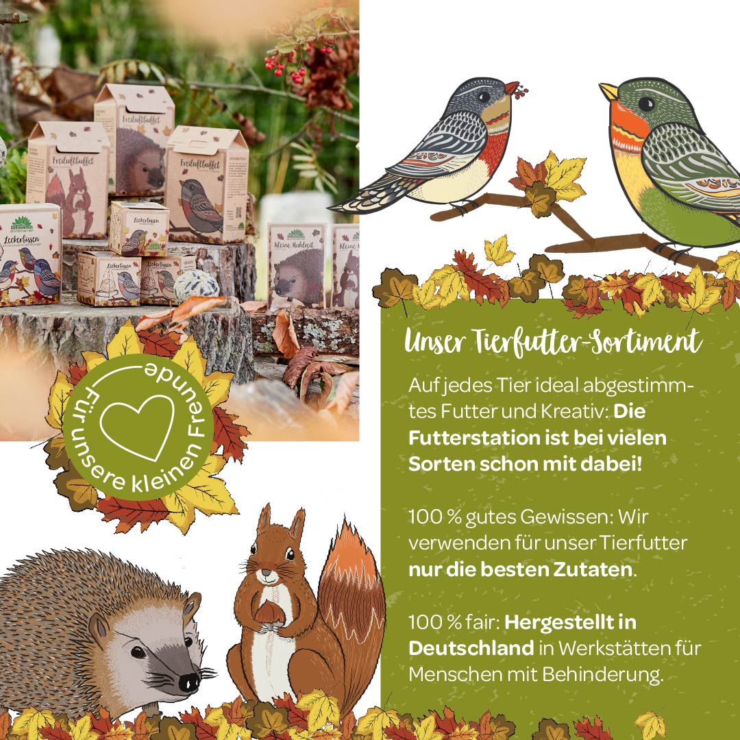 Werbebild für Tierfutterprodukte mit illustrierten Vögeln und Eichhörnchen sowie Text über nachhaltige und faire Herstellung.